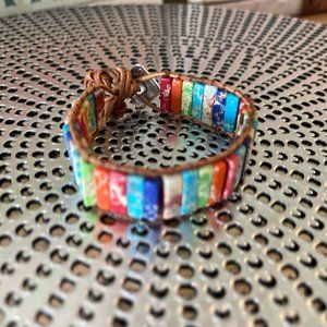 7 Chakra Bracelet Handmade Natural Stone Tube Beads Leather Wrap Women